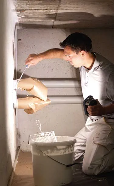 Een vakman verlicht een smalle, donkere kamer met de Festool Werklamp in de ene hand en een gereedschap in de andere.