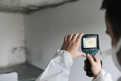 Op het scherm van de warmtebeeldcamera wordt de omvang van de schimmelplekken duidelijk zichtbaar.
